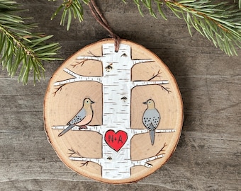 White birch tree with mourning dove couple on wood slice. Woodland ornament. Lovebirds valentine Handmade by Forage Workshop PREORDER