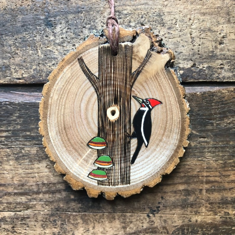 Wood burned and painted woodland bird ornament Forest friend. Pileated woodpecker ornament