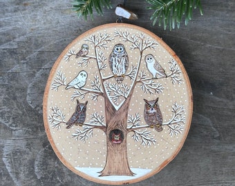 Superb Owl party in a snowy tree. Wood slice art, small wall hanging or large ornament. Handmade by Forage Workshop. PREORDER