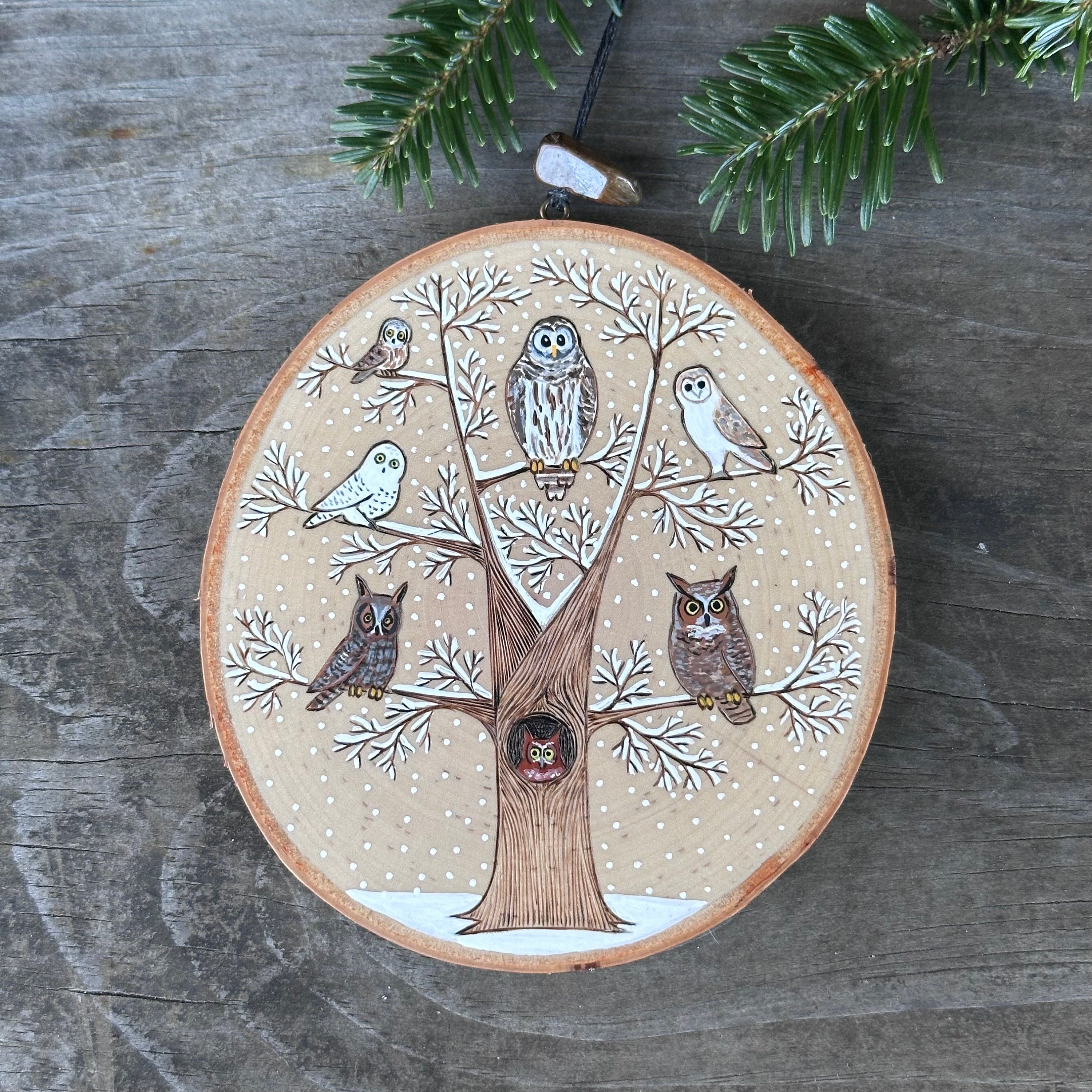 Superb Owl party in a snowy tree. Wood slice art, small wall hanging or large ornament. Handmade by
