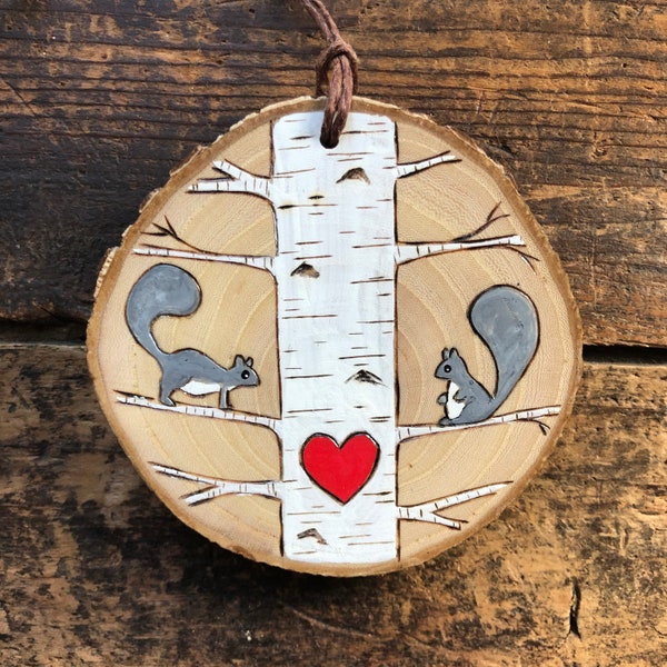 White birch tree with gray squirrel couple on wood slice. Woodland ornament. Handmade by Forage Workshop