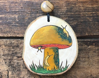 Mushrooms wood slice ornament. Bolete with slugs. Handmade by Forage Workshop