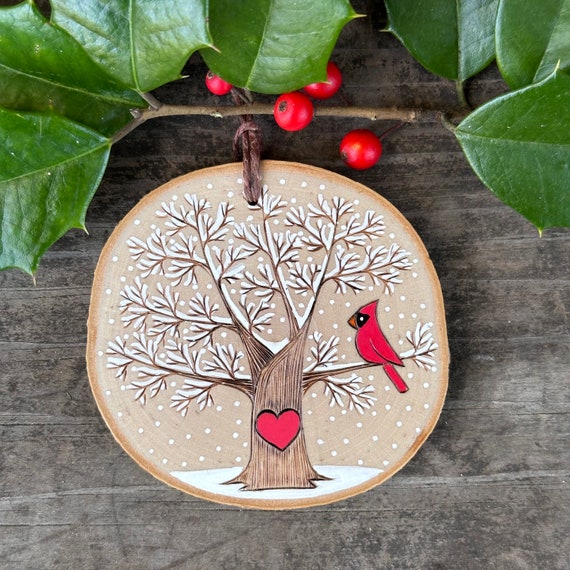 Wood Slice Ornament, Winter Trees 