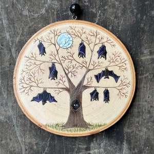 Black bats hanging in a spooky tree with full moon. Wood slice art handmade by Forage Workshop PREORDER image 1