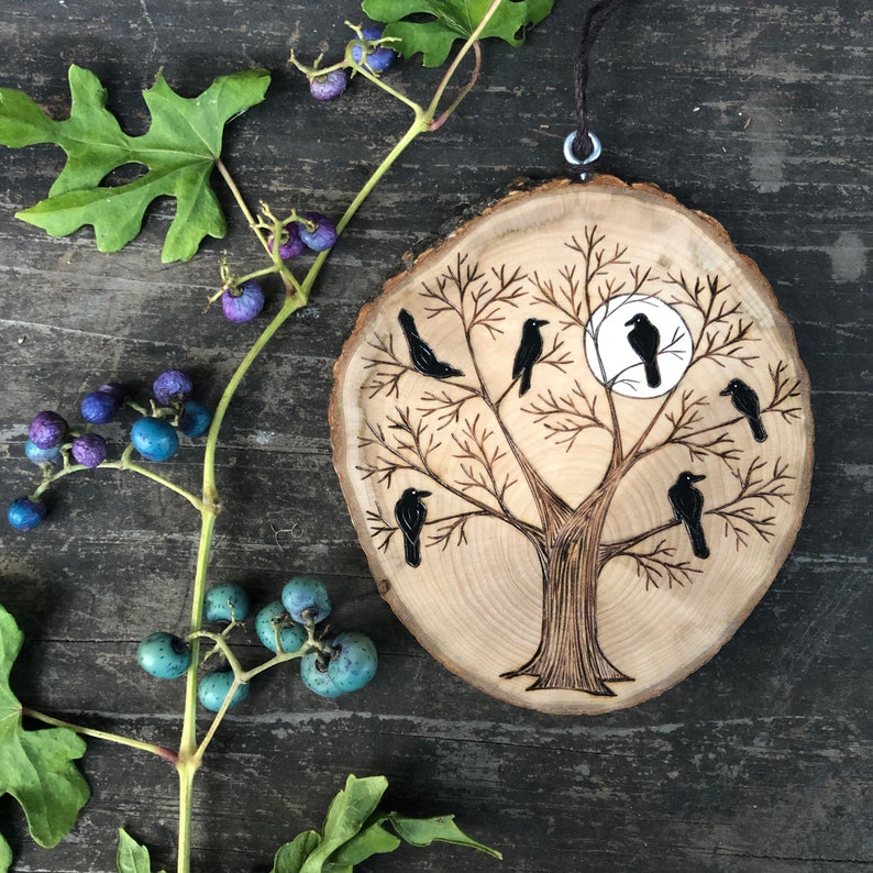 Black bats hanging in a spooky tree with full moon. Wood slice art handmade by Forage Workshop PREORDER image 5