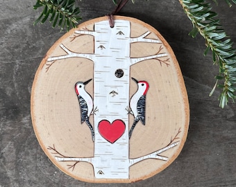 White birch tree w/ red bellied woodpecker bird couple on wood slice ornament. Lovebirds valentine Handmade by Forage Workshop PREORDER