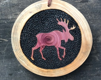 Moose ornament. Cedar wood slice ornament with wood burned moose silhouette.  Hoof prints on ornament back Handmade by Forage Workshop