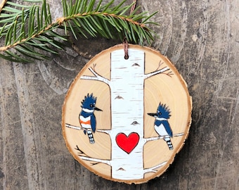 White birch tree with belted kingfisher bird couple on wood slice. Woodland ornament.  Handmade by Forage Workshop