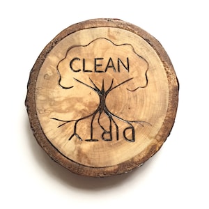 Rustic wood burned clean dirty kitchen dishwasher magnet with tree of life. Hand burned wood slice magnet Handmade by Forage Workshop