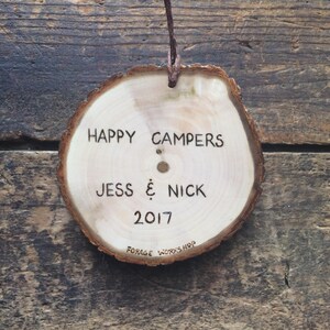 Camp Scene Ornament. Wood Slice Ornament Campfire, Tent, Trees ...