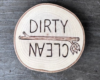 Wood clean dirty kitchen dishwasher magnet. Hand burned wooden kitchen magnet Handmade by Forage Workshop