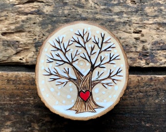 Wood burned snowy tree with red heart  valentine pin. Wooden pin. Handmade by Forage Workshop