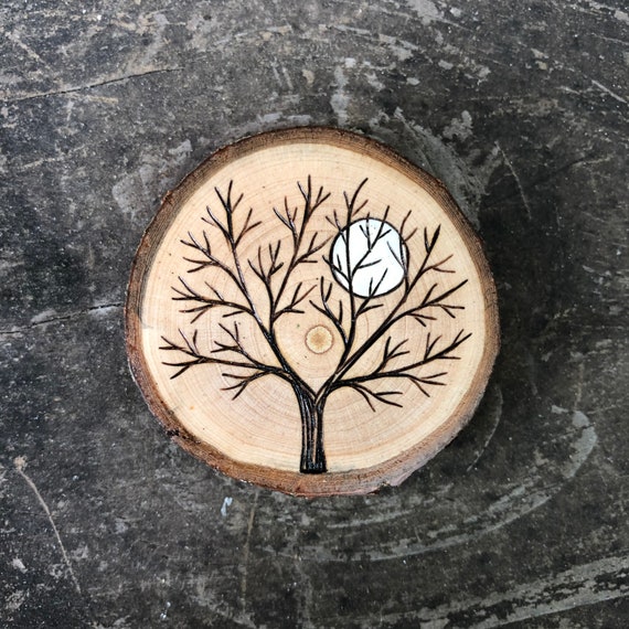 Wood Burned Tree With Full Moon Wood Slice Magnet. Forest Magic 