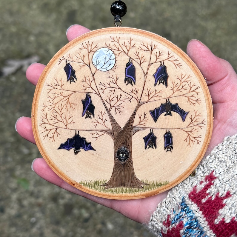 Black bats hanging in a spooky tree with full moon. Wood slice art handmade by Forage Workshop PREORDER image 3