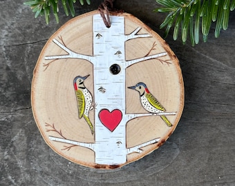 White birch tree with northern flicker bird couple on wood slice ornament. Lovebirds valentine Handmade by Forage Workshop PREORDER