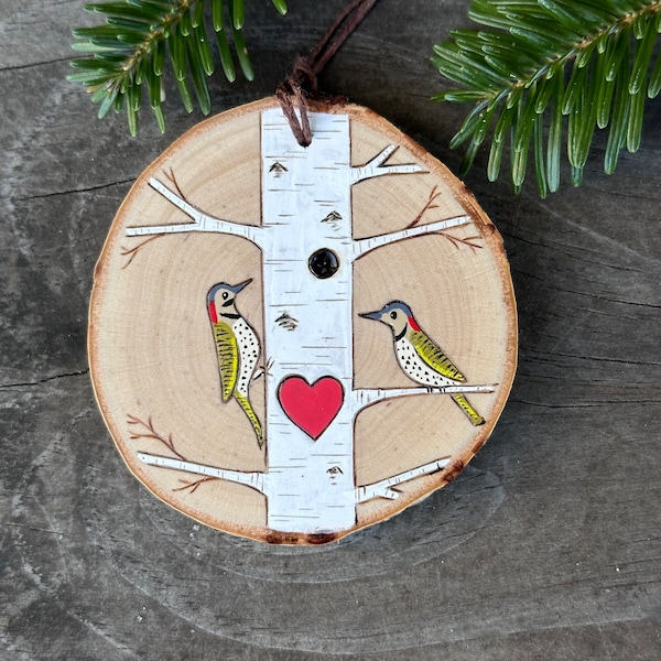 White birch tree with northern flicker bird couple on wood slice ornament. Lovebirds valentine Handmade by Forage Workshop PREORDER