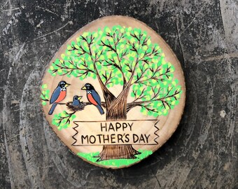 PREORDER Happy Mother's Day wood slice ornament or magnet. Wooden sign on spring tree with robin family. Handmade by Forage Workshop