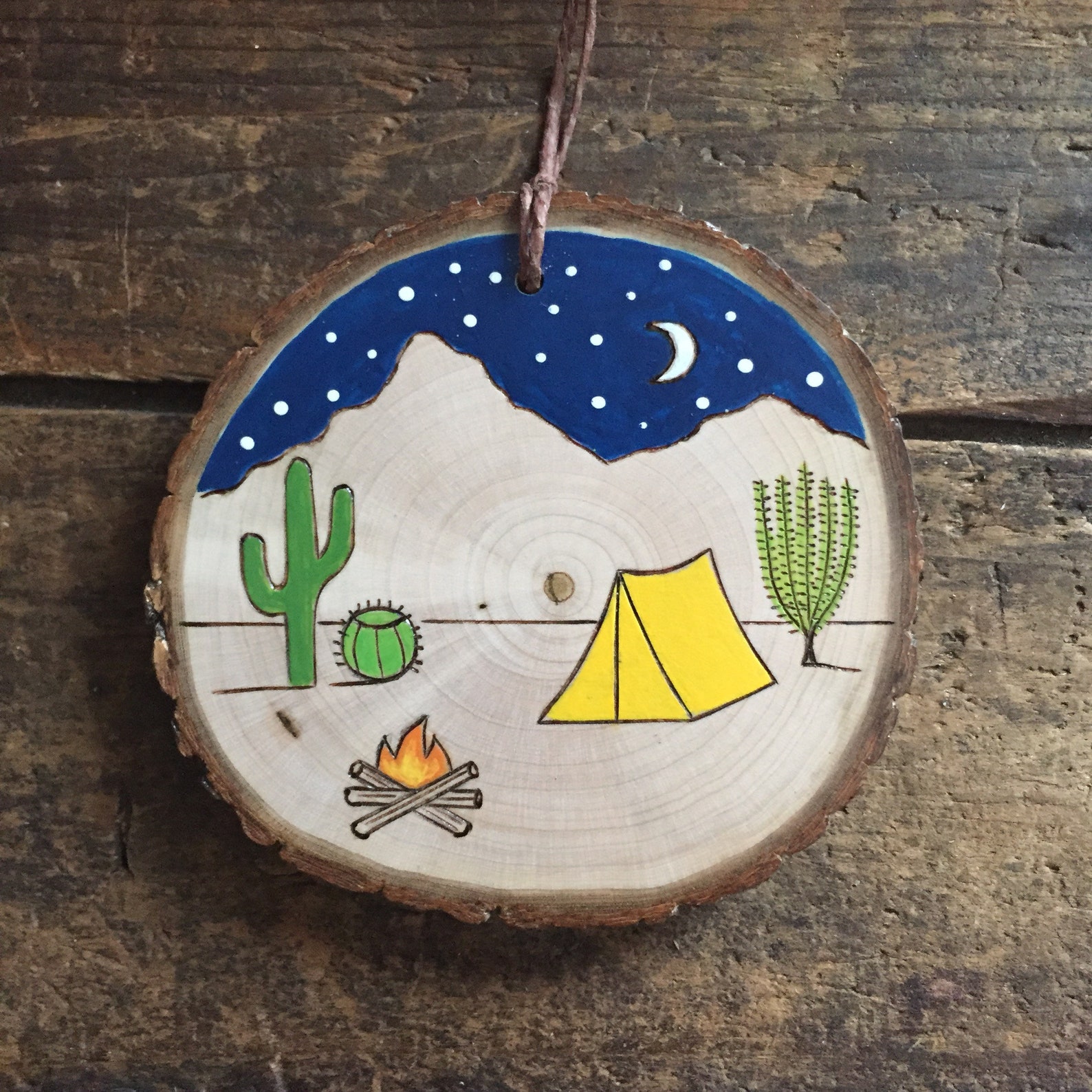 Desert Camping Scene Ornament or Magnet. Rustic Wood Burned and Painted ...