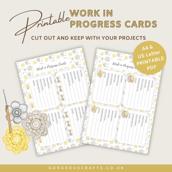 Printable Work In Progress Cards, WIP Hang Tag for Handmade Crochet / Knitted Garments / projects, DIY printable, PDF Digital Download