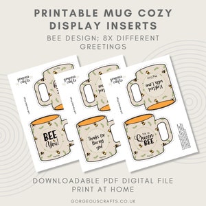 Puede incluir: Insertos imprimibles para fundas de taza con temática de abejas. Los insertos presentan diferentes saludos con temática de abejas, como "Bee You!" y "Thanks for Beering you!" Los insertos están diseñados para imprimirse en casa y utilizarse para decorar las fundas de taza.