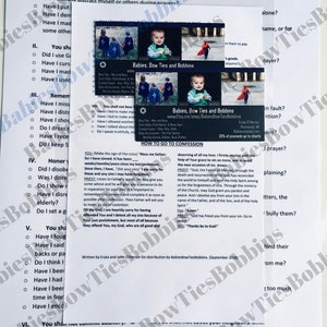 May include: A white sheet of paper with black text outlining an examination of conscience for young children. The text includes questions about prayer, honesty, and respect for others. The paper also includes a business card for Babies Bow Ties and Bobbins, an Etsy shop that sells handmade bow ties and accessories for babies.