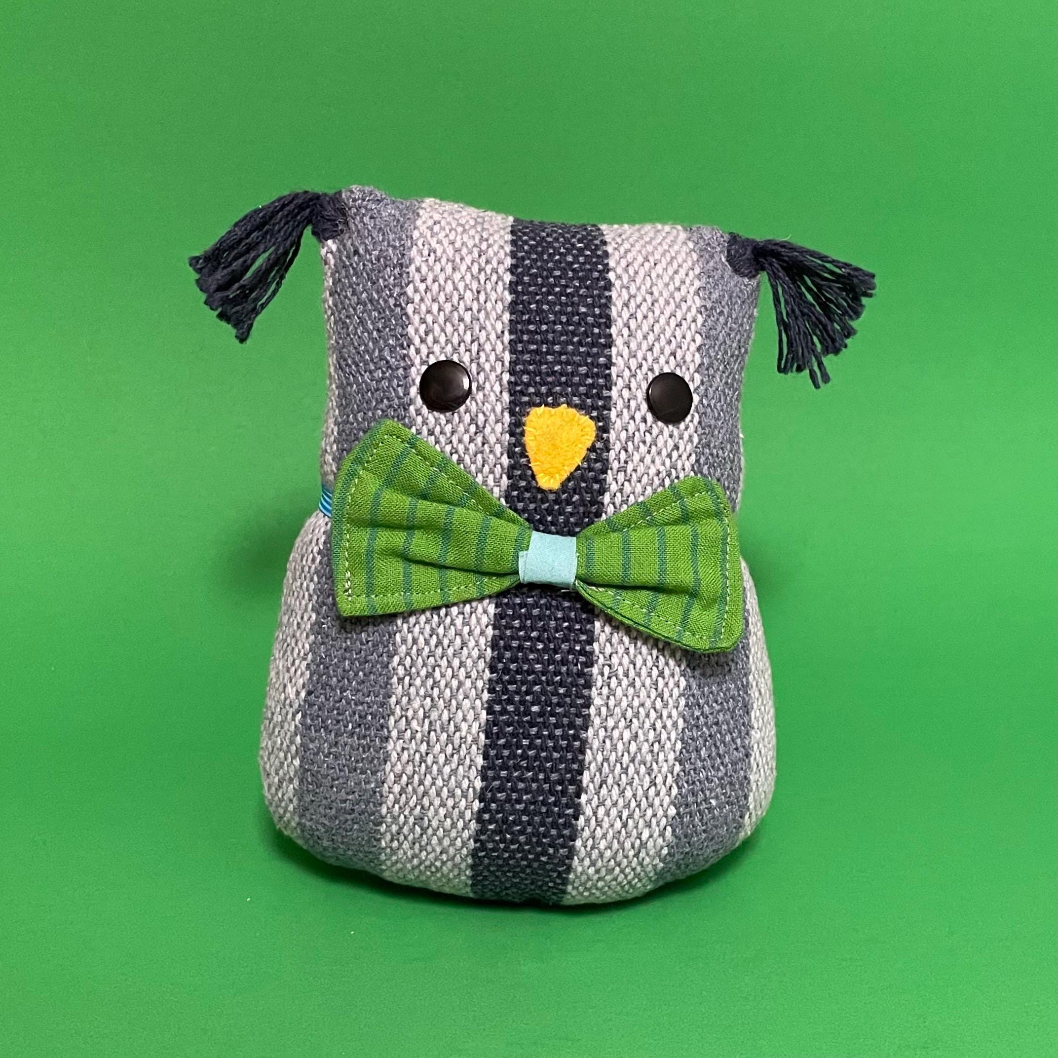 Plush Owl Stuffed Animal -  Sewn from Handwoven Recycled Cotton Fabric - Blue