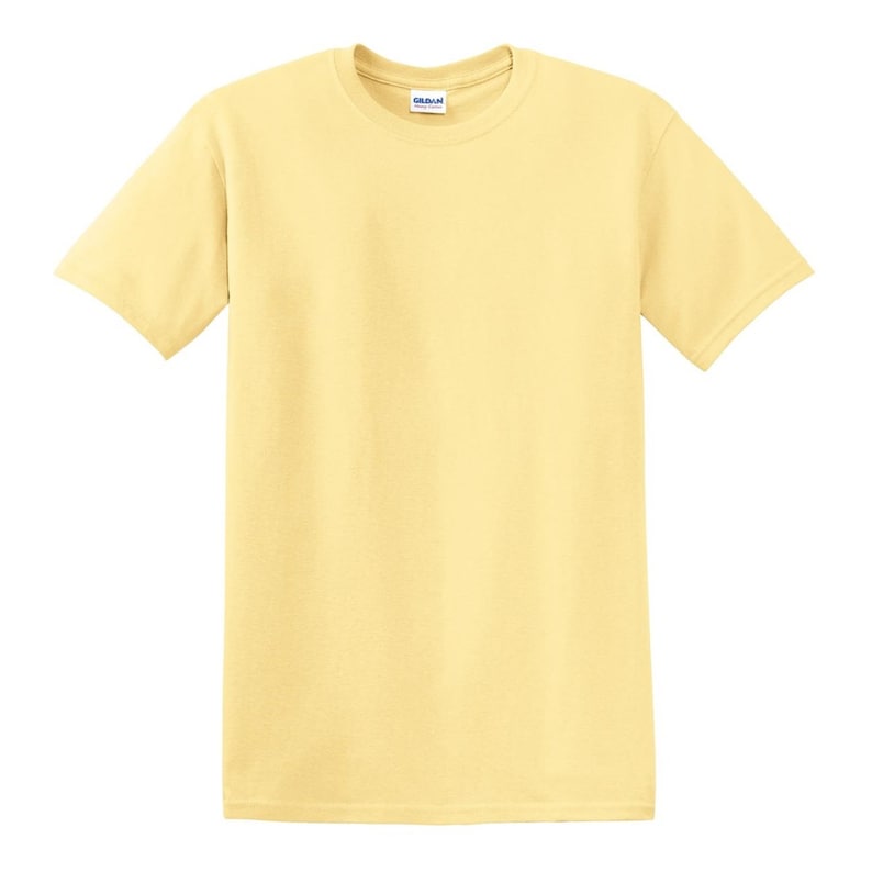 May include: A light yellow, short-sleeved t-shirt with a crew neck. The shirt is made of a soft material and has a tag at the neckline. The t-shirt is a solid color and is suitable for casual wear.