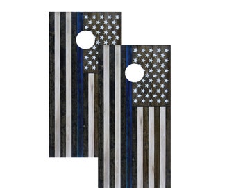 American Flag/Thin Blue line Cornhole Board Skin Wrap Decals - Vinilo laminado impermeable - 48 x 24 pulgadas (paquete de 2), Cornhole Wrap, Cornhole