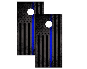 American Flag/Thin Blue line Cornhole Board Skin Wrap Decals - Vinilo laminado impermeable - 48 x 24 pulgadas (paquete de 2), Cornhole Wrap, Cornhole