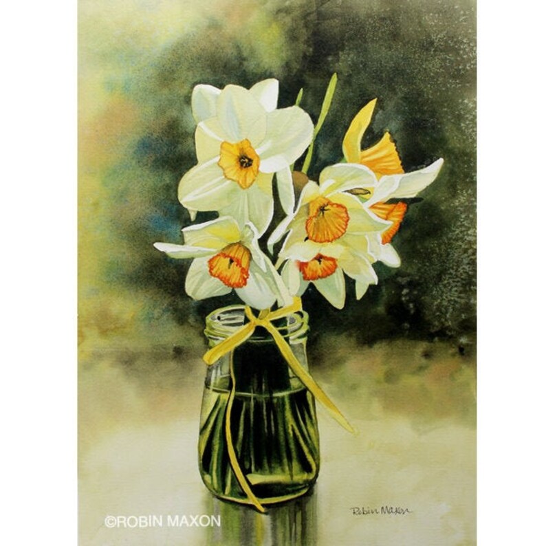 Daffodils in Vase Watercolor Painting by Robin Maxon Art Etsy