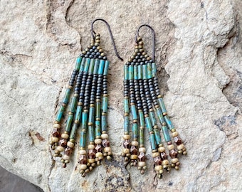 Green Beaded Fringe Earrings: Picasso Seed Bead Dangles