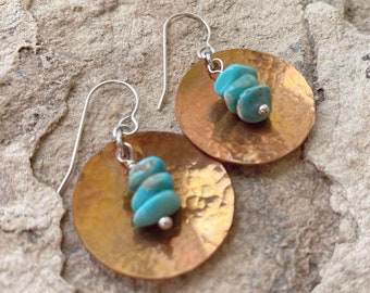 Kingman Turquoise and Hammered Copper Disc Dangle Earrings