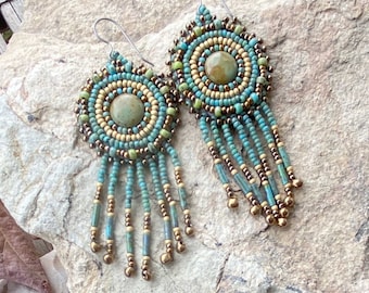 Beaded Fringe Earrings, Green Turquoise Cabochon, Long Bead Earrings