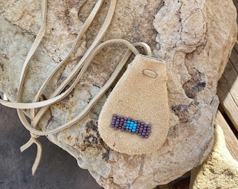 Mini Suede Leather Neck Pouch: Beaded Amulet Bag