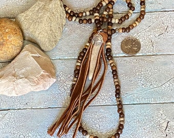 Antler Beaded Necklace: Buckskin Fringe, Silver Shield Charm