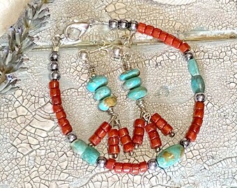 Turquoise and Coral Earrings and Bracelet Set