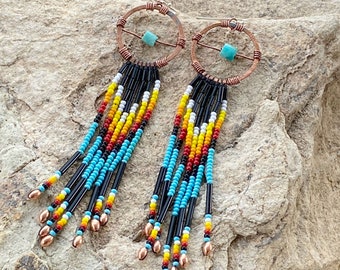 Long Southwestern Beaded Earrings: Turquoise & Copper Dusters