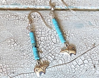 Turquoise Silver Small Dangle Earrings, american turquoise heishi, sterling heartline bear charms