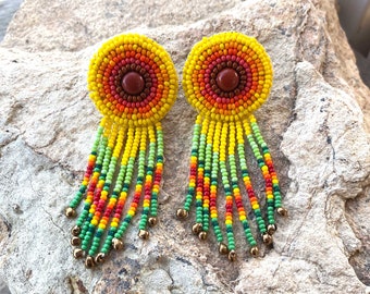 Sunflower Beaded Fringe Earrings: Czech Glass, Red Jasper