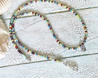 heart and flower silver beaded rainbow necklace, two sided pendant