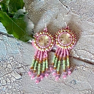 Pink & Green Beaded Swarovski Crystal Fringe Earrings