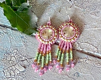 Pink & Green Beaded Swarovski Crystal Fringe Earrings