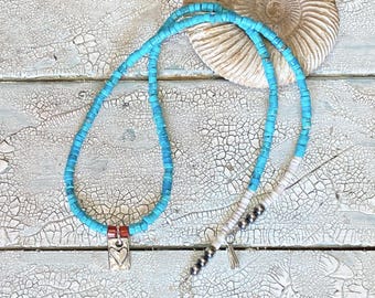 Turquoise Heishi Necklace, Sterling Silver Heart Pendant, Red Coral, Navajo Pearls, 18 Inch