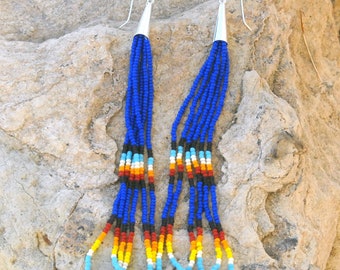 Long Dark Blue Seed Bead Earrings: Southwestern Sterling Silver Style