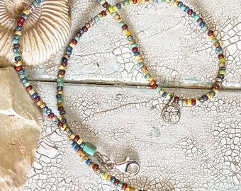 silver dragonfly necklace beaded multi-color, rainbow necklace