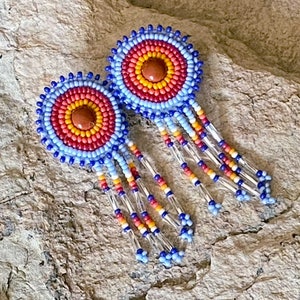 Beaded Drop Fringe Earrings with Red Jasper Cabochon