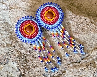 Beaded Drop Fringe Earrings with Red Jasper Cabochon