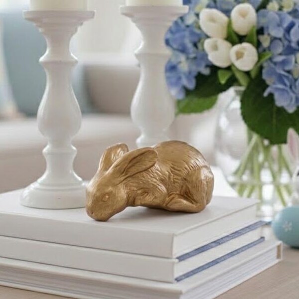 Antique Gold Ceramic Bunny Shelf Sitter – Metallic Gold Easter Rabbit Decor – Refinished Spring Figurine for Bookshelf or Mantel