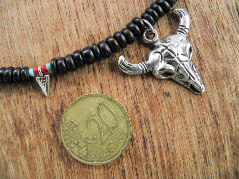 Buffalo head skull necklace,Boho necklace,Choker necklace,Black bone bead necklace,Silver metal buffalo necklace,Summer boho necklace