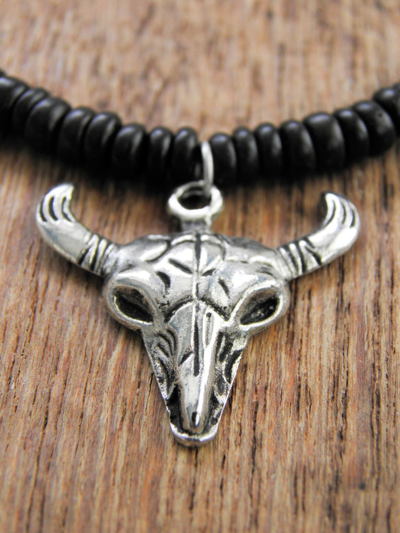 Buffalo head skull necklace,Boho necklace,Choker necklace,Black bone bead necklace,Silver metal buffalo necklace,Summer boho necklace